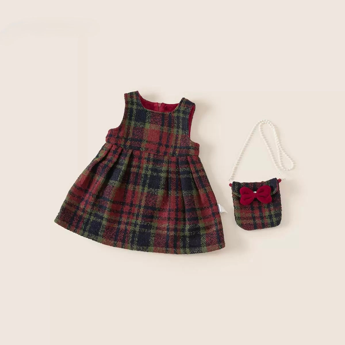 Velvet Christmas Dress + Pearl Bag Set