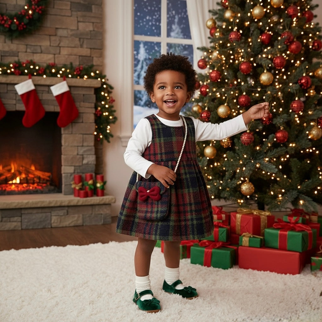 Velvet Christmas Dress + Pearl Bag Set