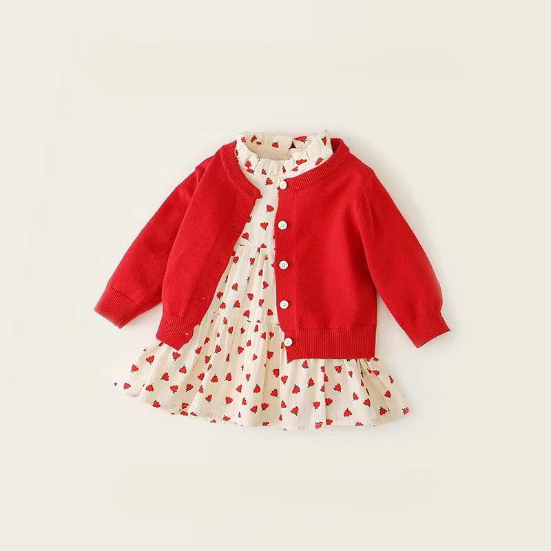 Babydoll Spring Dress & Red Cardigan