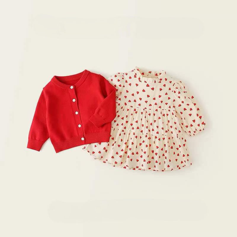 Babydoll Spring Dress & Red Cardigan