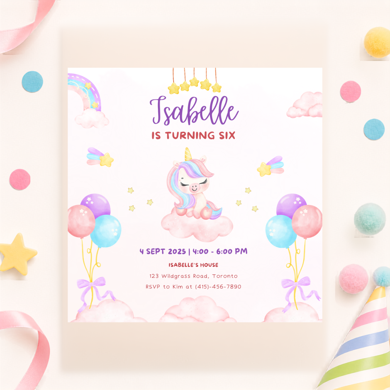Unicorn Theme Birthday Invitation | Personalized Digital Design