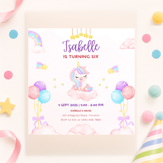Unicorn Theme Birthday Invitation | Personalized Digital Design