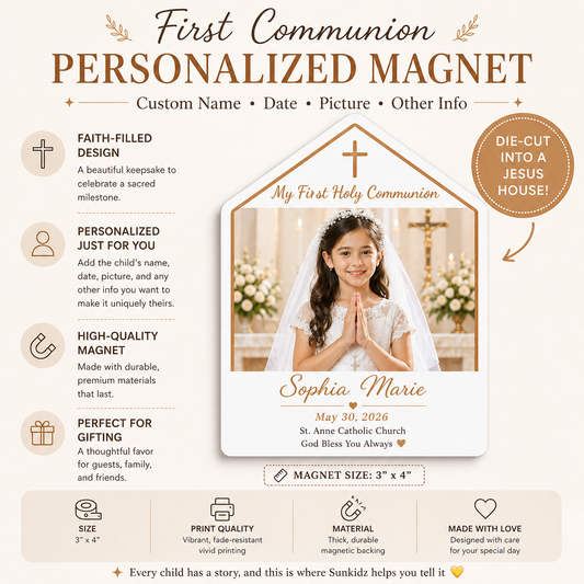 First Communion Personalized Magnet | Die-Cut Church Shape