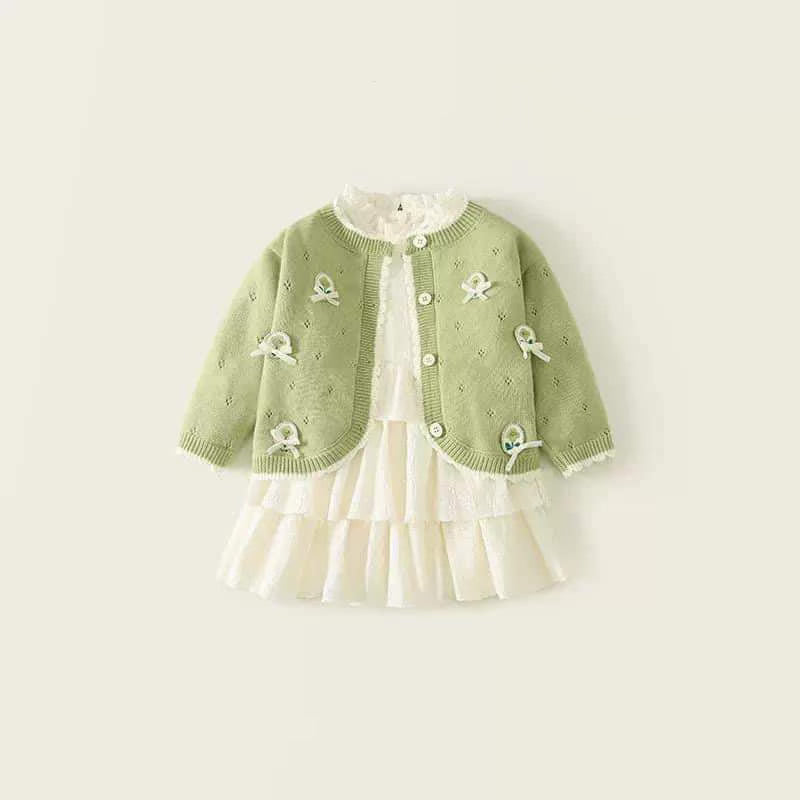Ruffle Dress + Green Cardigan